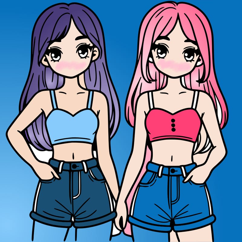two sisters with crop tops and jean shorts and straight hair
