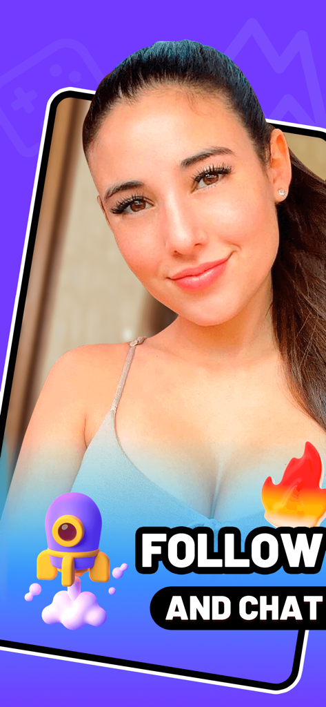 Yolo - 18+ Meet & Video Chat - 笑顔の若い女性が、フォロー＆チャットというテキストとデジタルステッカーが表示されたビデオチャット画面に表示されています。