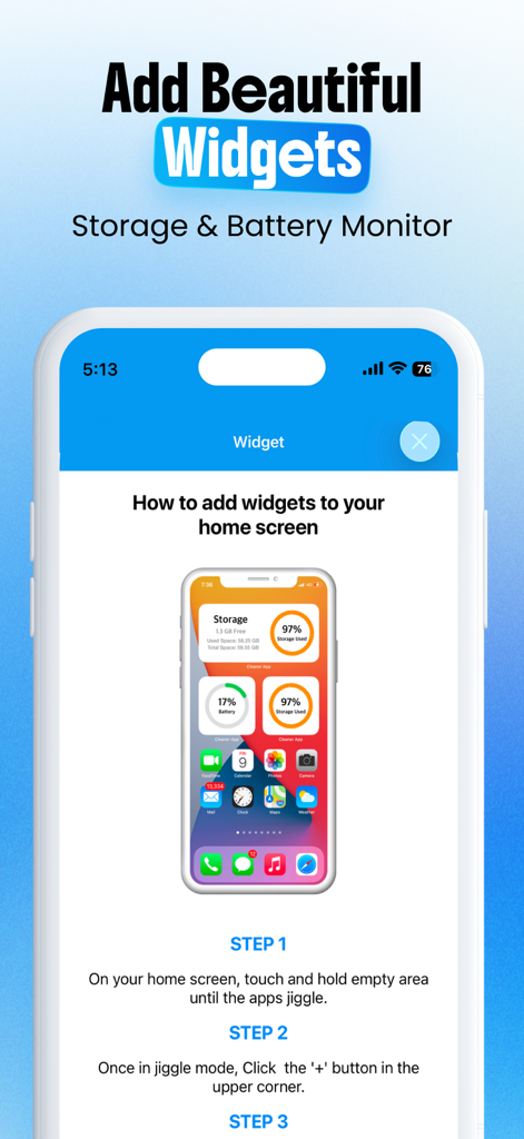 Storage Clean Up - CleanPro - Pantalla instructiva para agregar widgets de monitor de almacenamiento y batería a la pantalla de inicio de un iPhone