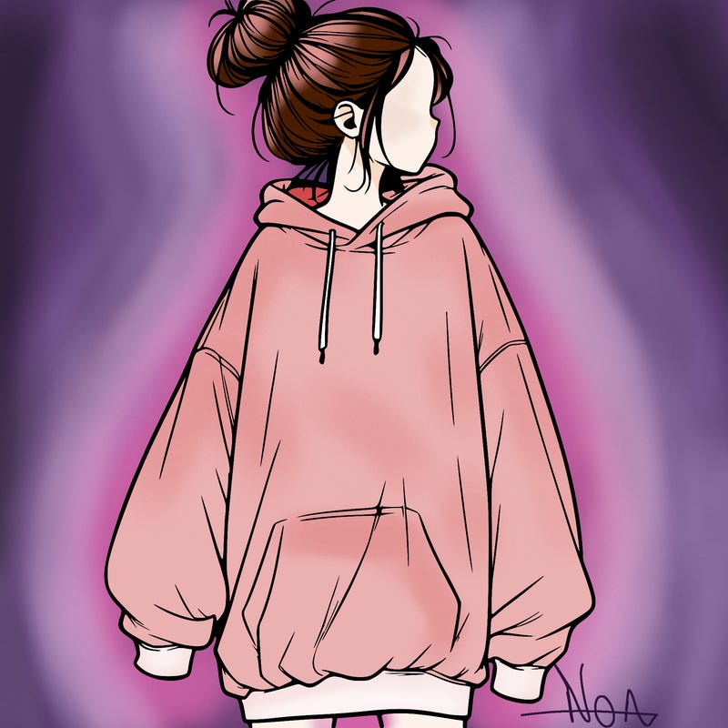 realistic girl with a oversized sweatshirt on and a bun