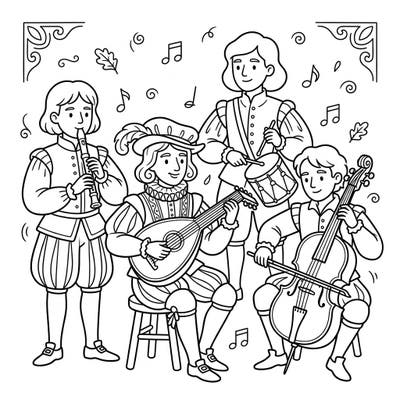 Journey back in time with this delightful coloring page featuring cheerful Renaissance musicians. Kids will love bringing these historical characters and their instruments to vibrant life.