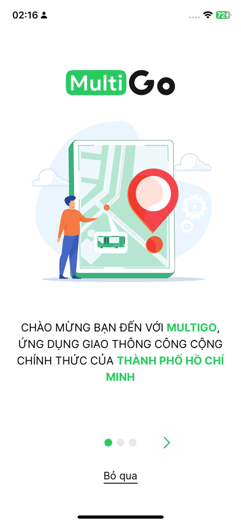MultiGo - MultiGo welcome screen for official Ho Chi Minh City public transportation app with map illustration