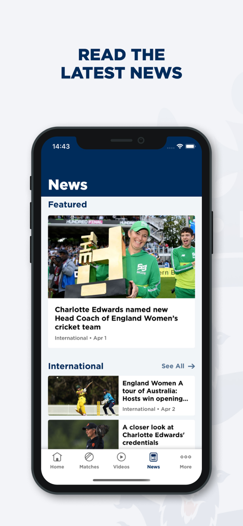 England Cricket - Der Nachrichtenbereich der England Cricket App mit einer Geschichte über die Ernennung von Charlotte Edwards zur Cheftrainerin des Frauenteams.