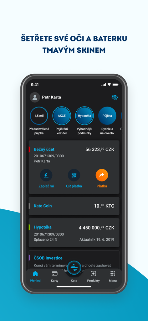 Painel do aplicativo bancário móvel ČSOB Smart em modo escuro, exibindo saldos de contas e produtos financeiros.