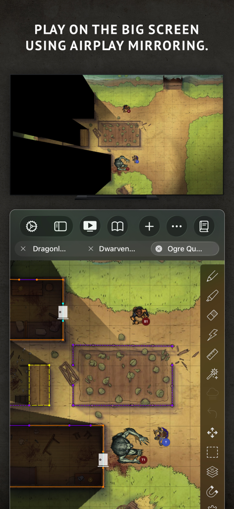 Encounter+ Virtual Tabletop - Encounter Plus Virtual Tabletop app showing a battle map mirrored from an iPad to a TV screen using AirPlay.