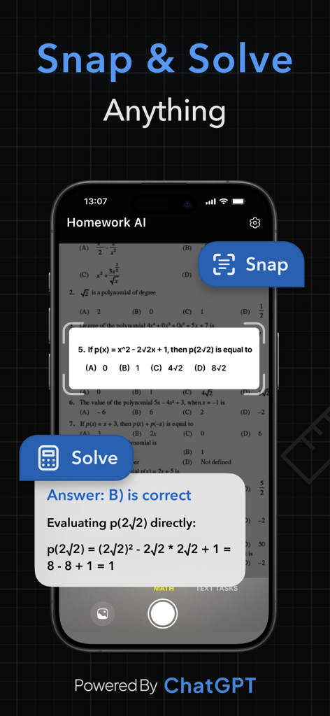 AI Tutor: Homework Helper - Interface do aplicativo Tutor de IA mostrando o recurso tirar foto e resolver para um problema de polinômio matemático