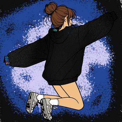 realistic girl jumping with a bun and oversized sweatshirt