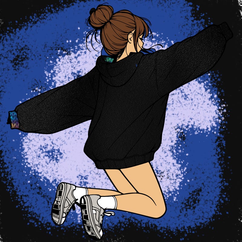 realistic girl jumping with a bun and oversized sweatshirt