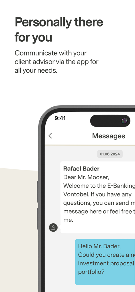 Secure chat interface between a client and advisor in the Vontobel Wealth app