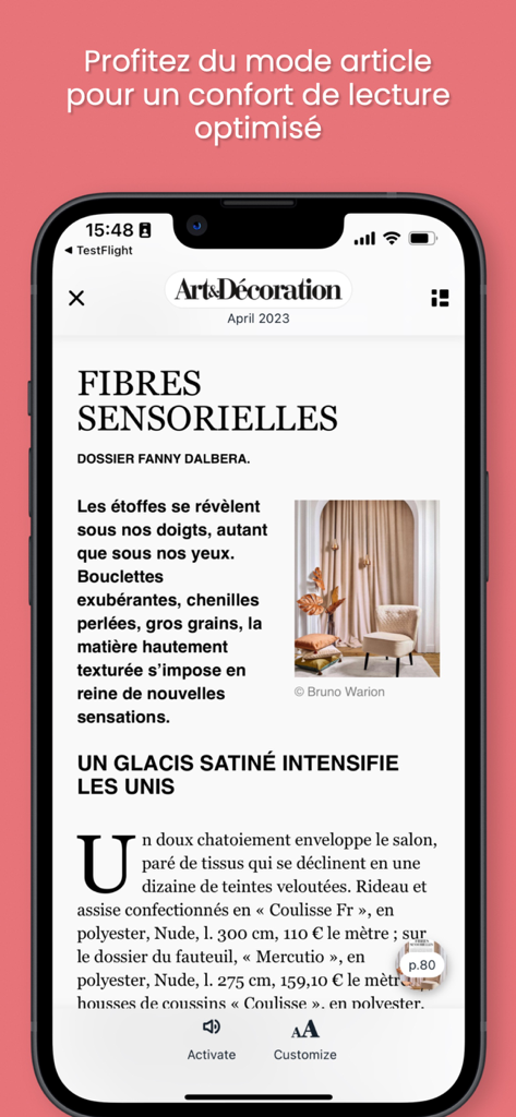 A smartphone screen displaying the Art and Decoration app with an article about interior design textiles in a clean reading mode interface.