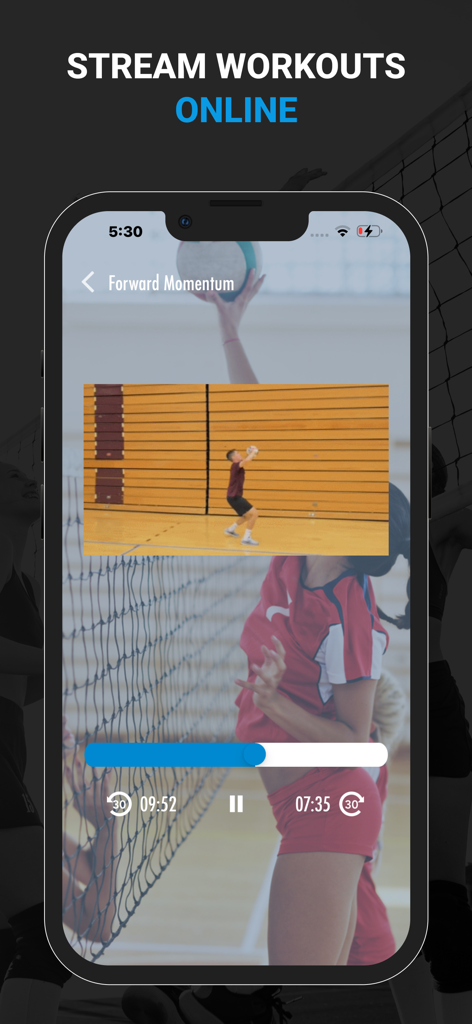 Volleyball Training Workouts - Interface do aplicativo de treinamento de voleibol mostrando um vídeo de treino online para impulso para frente.
