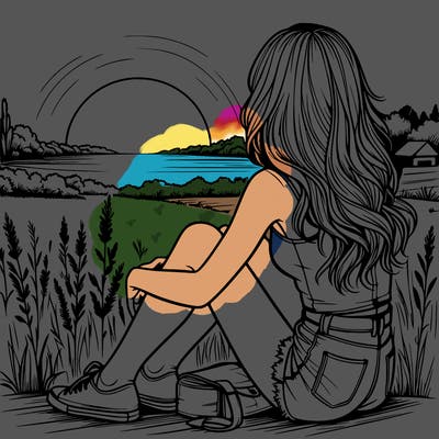 realistic girl sitting and watching the sunset