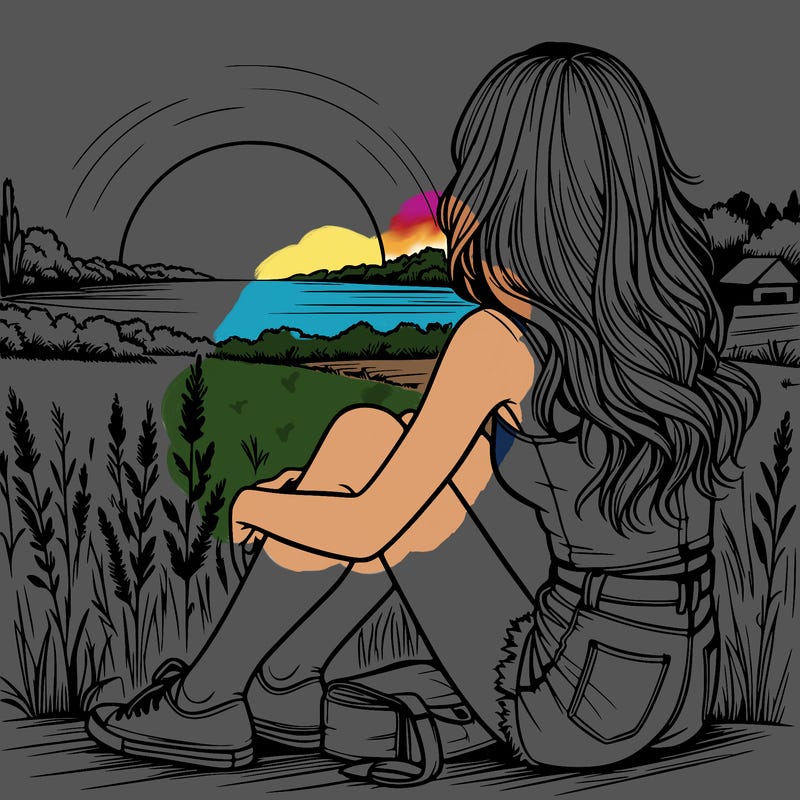 realistic girl sitting and watching the sunset