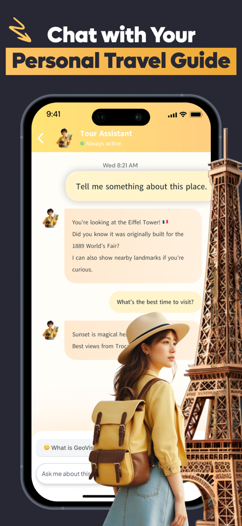AI Photo Location Finder：GeoAI - A smartphone showing an AI tour assistant chat providing facts and visiting tips for the Eiffel Tower