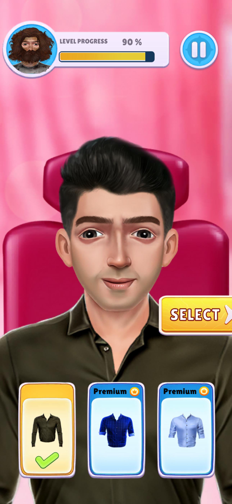 A male character in Makeover ASMR Beauty Salon selecting a new shirt after a successful grooming transformation.