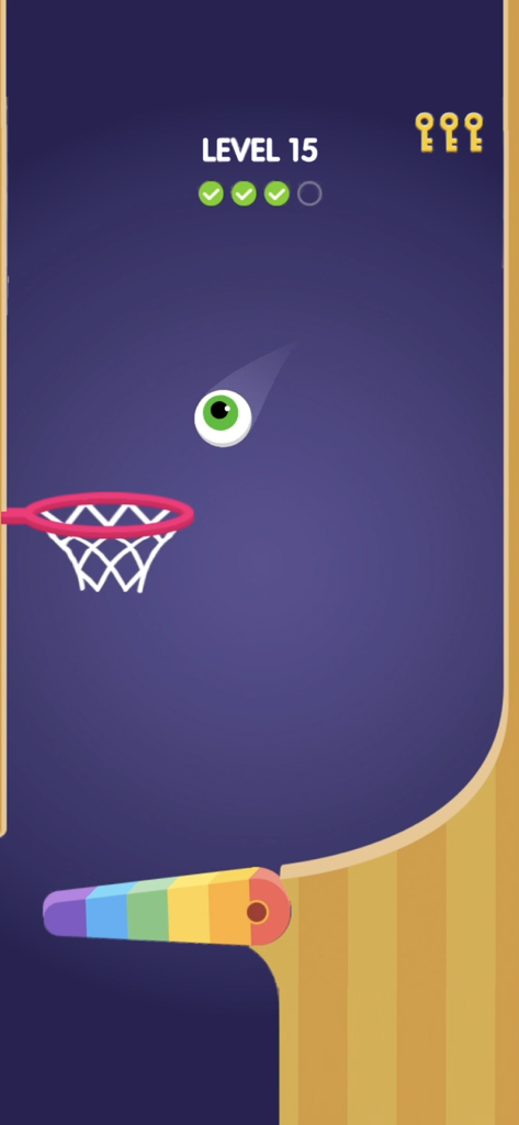 Flipper Dunk - Uma captura de tela do jogo Flipper Dunk com um fliper de arco-íris e uma cesta de basquete no nível 15