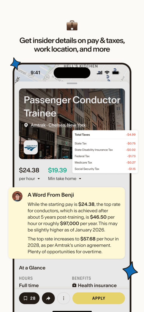 Bandana Job Search - Bandana app interface showing a Passenger Conductor Trainee job at Amtrak with a detailed pay and tax breakdown