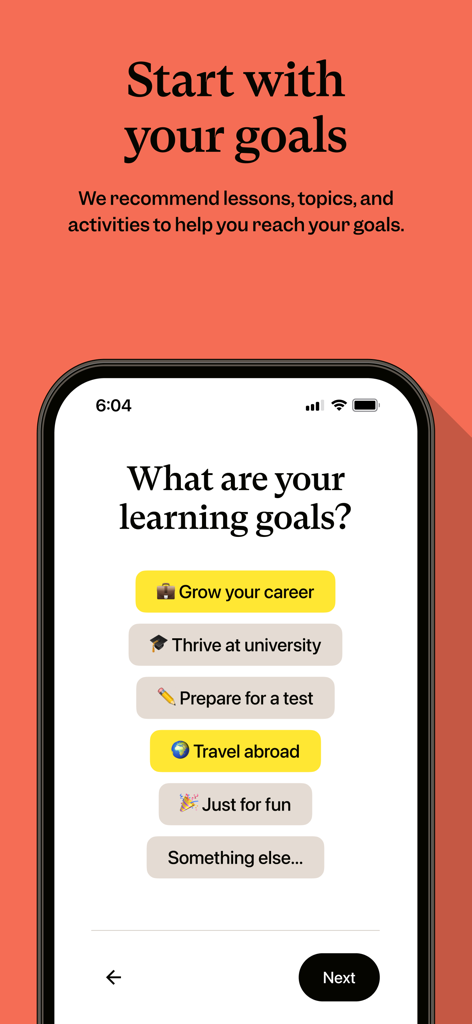 Selecting English learning goals in the Cambly app interface