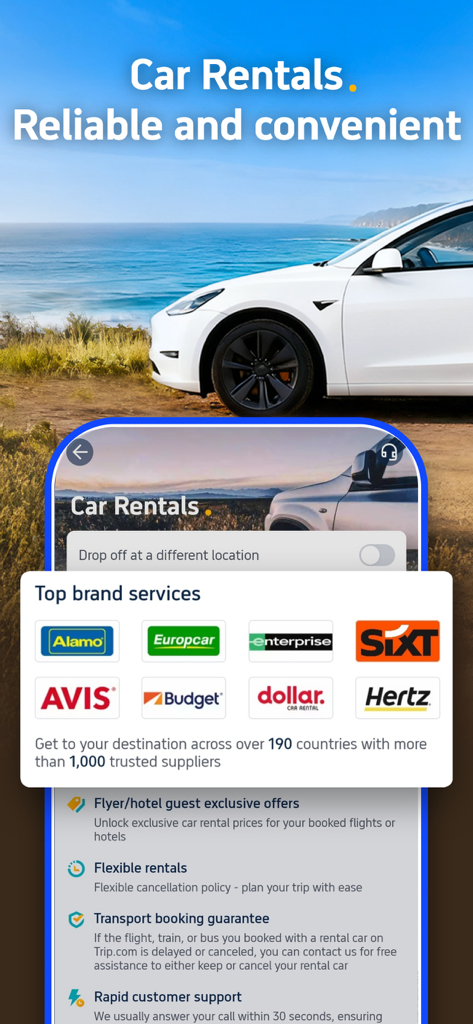 Trip.com mobile app screen for car rentals featuring top brands like Hertz Sixt and Avis