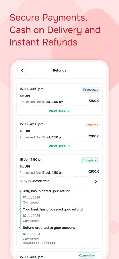 Jiffy by Spencers - Refund history screen in the Jiffy by Spencers app showing transaction details and status tracking.