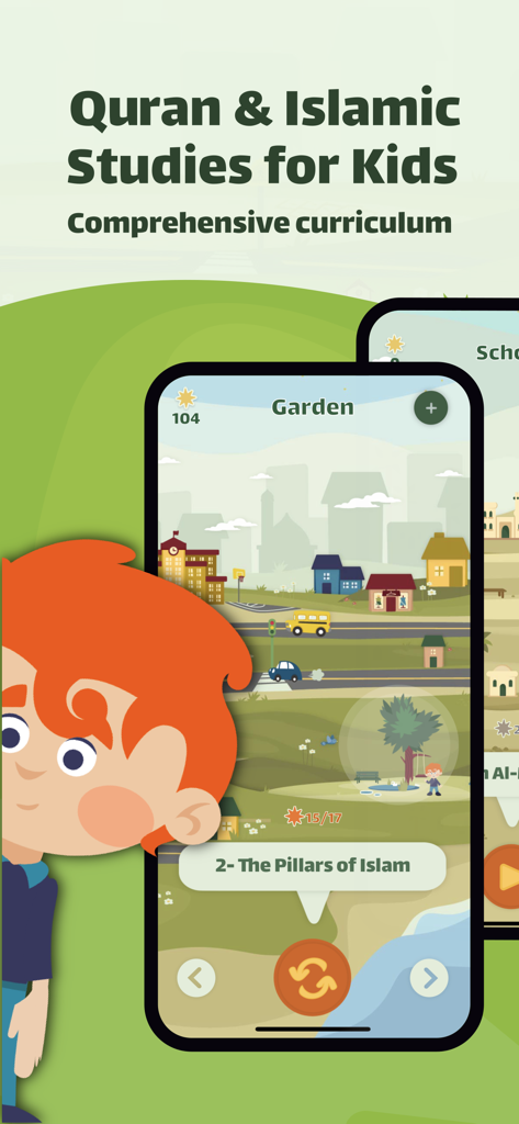 Hasanati app interface showing an interactive map for Islamic studies curriculum for children