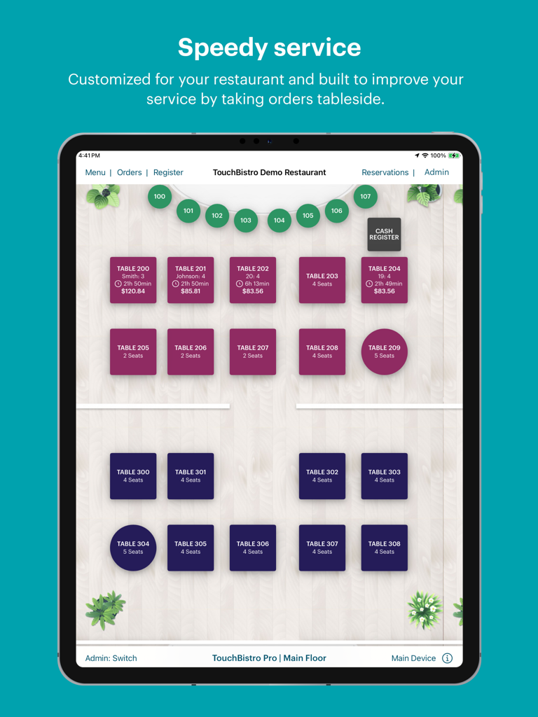 Digital restaurant floor plan on the TouchBistro iPad POS app showing table statuses and order totals