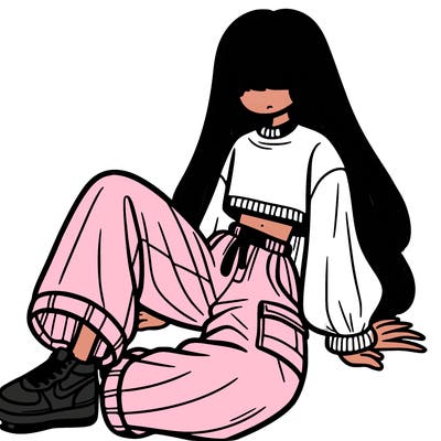 a girl with baggy pants and a crop top with long hair