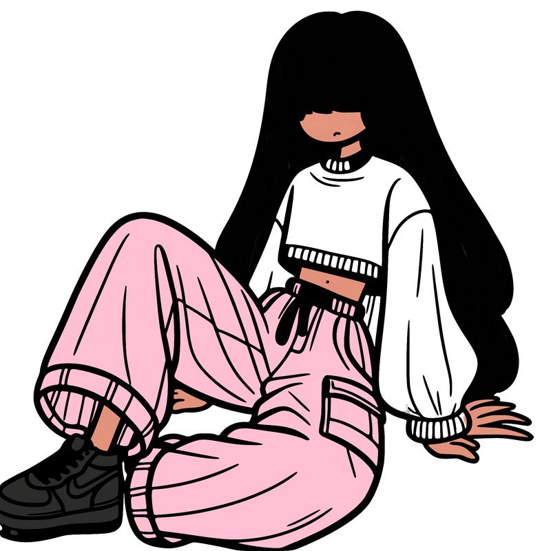 a girl with baggy pants and a crop top with long hair