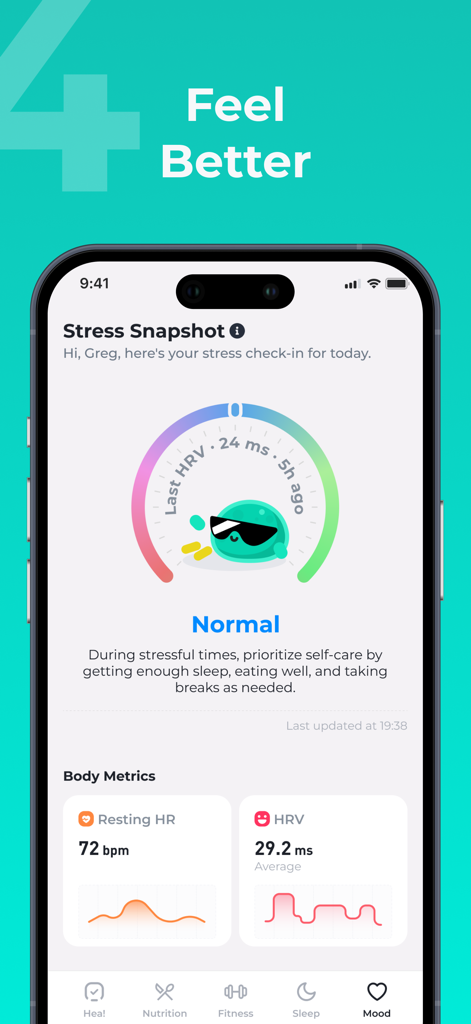 Hea! - Health Companion - Interface of the Hea Health Companion app showing a Stress Snapshot with HRV and Resting Heart Rate metrics