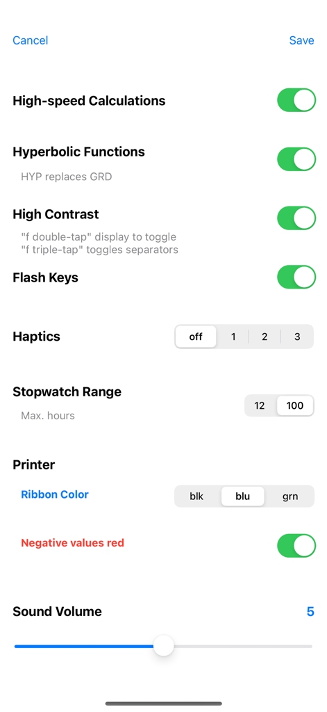 RPN-45 SD - Menú de configuración de la aplicación de calculadora RPN-45 SD que muestra opciones de personalización para cálculos, háptica e impresora.