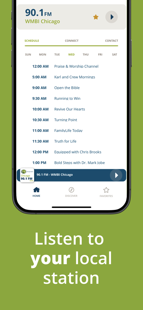 A screenshot of the Moody Radio app displaying the daily programming schedule for a local station in Chicago