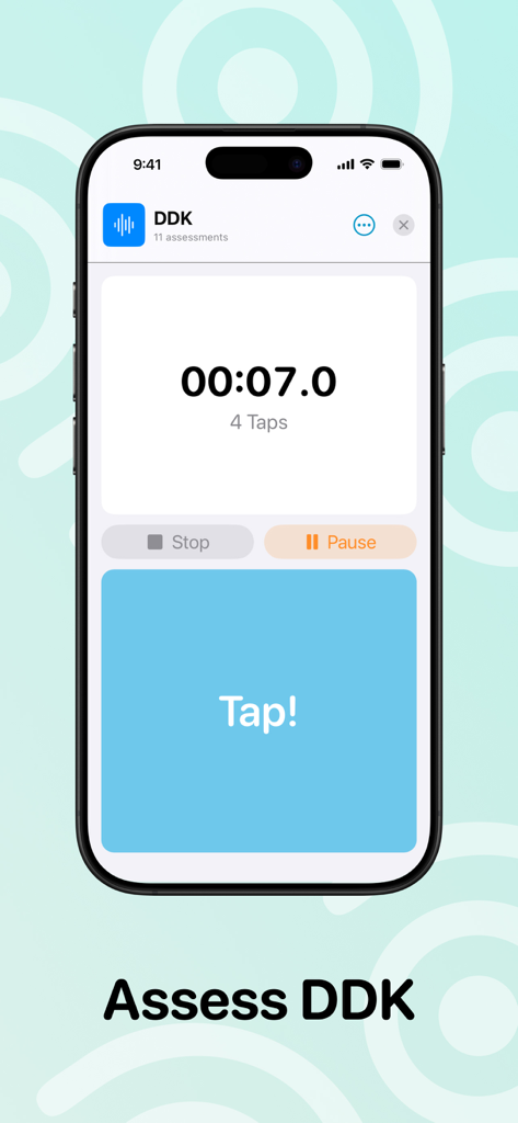 Interface of the DDK app showing a digital timer and a large blue tap button for speech therapy assessments