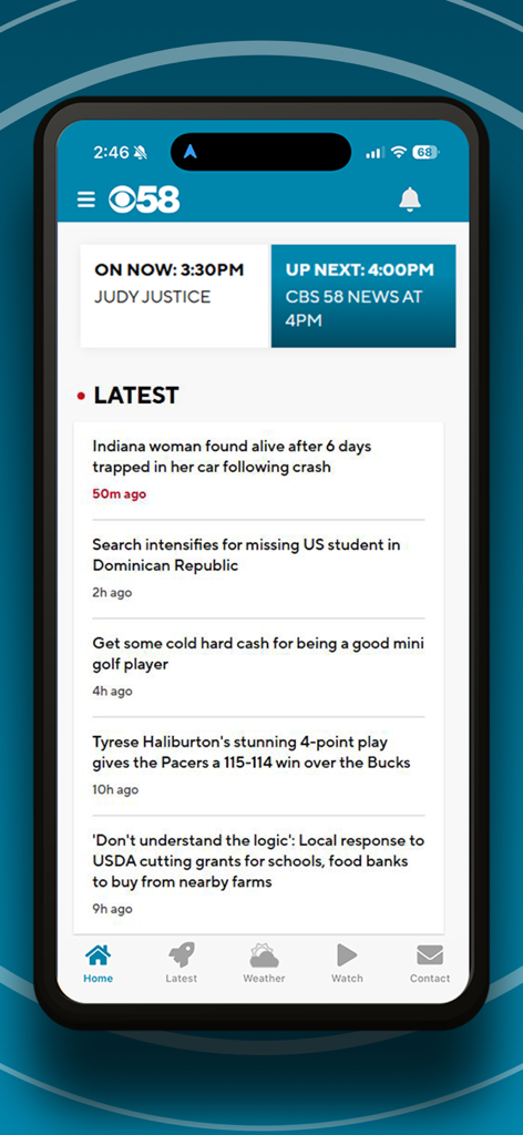 CBS 58 News - CBS 58 News app home screen displaying latest local news headlines and current TV program schedule