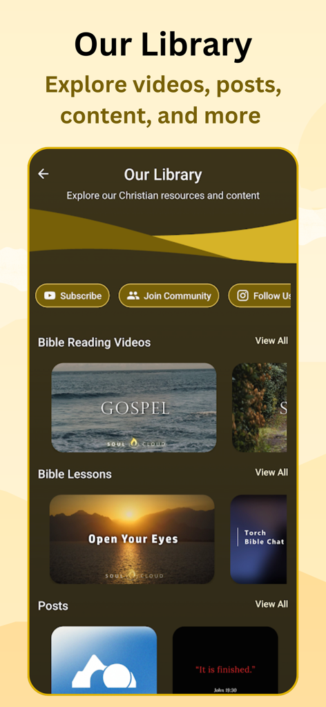 Torch - Bible Chat - Library screen of the Torch Bible Chat app showing Christian videos lessons and community posts.
