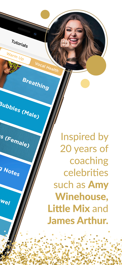 The Vocal Coach - Screenshot of The Vocal Coach app interface showing singing warm up tutorials and a photo of celebrity coach Annabel Williams.