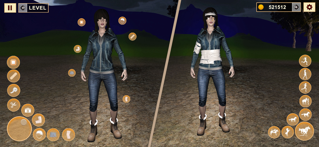 Character customization screen showing a female rider receiving first aid and bandages after a race.