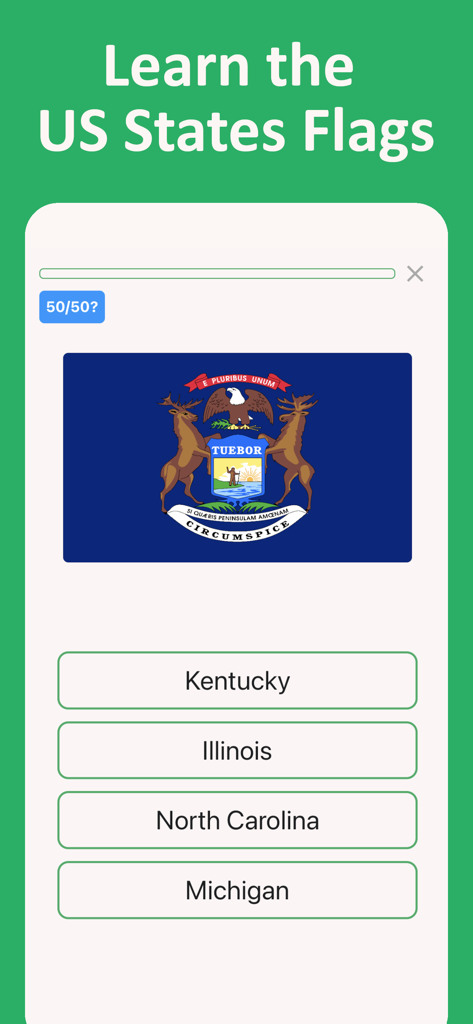 Educational quiz screen showing the Michigan state flag with multiple choice name options.