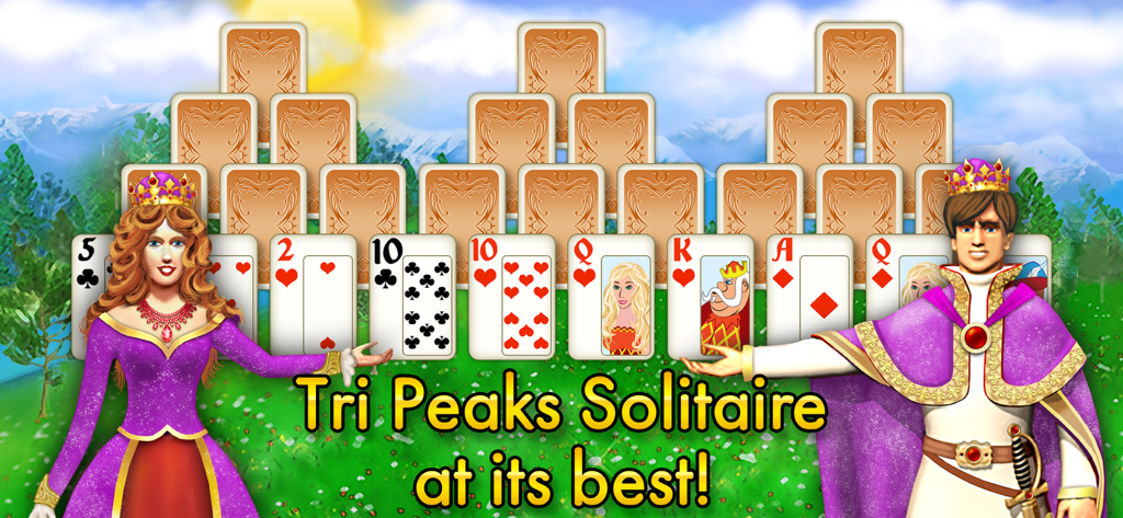Magic Towers Solitaire - Tri Peaks Solitaire card game featuring king and queen characters in a fantasy landscape