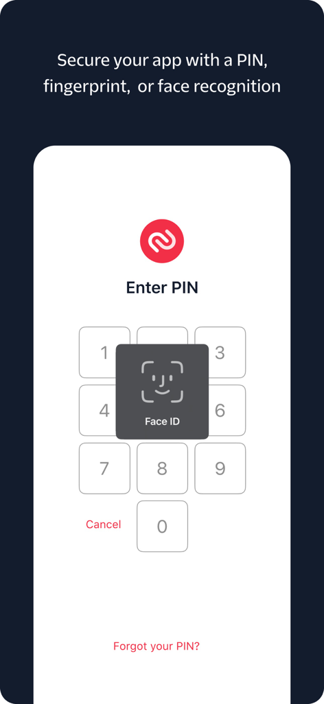 Twilio Authy mobile app screen showing options to secure the app with a PIN keypad and Face ID verification