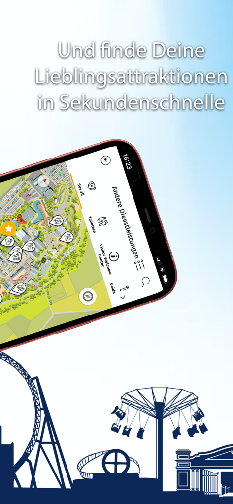 Movie Park Germany - Uno smartphone che mostra una mappa interattiva del parco del Movie Park Germany con icone per attrazioni e servizi.