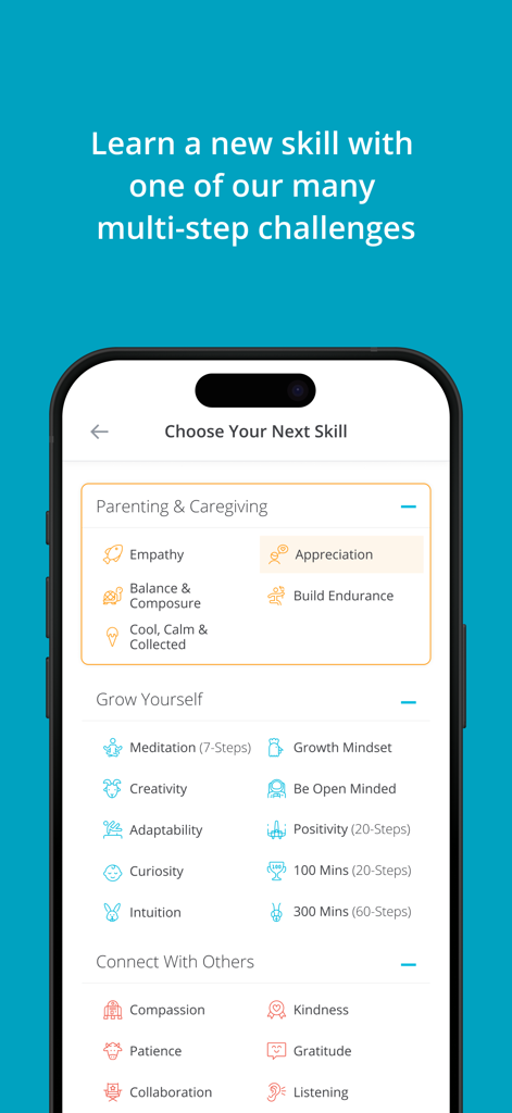 RethinkCare - RethinkCare app screen showing a menu of skills to learn categorized by parenting, personal growth, and social connection