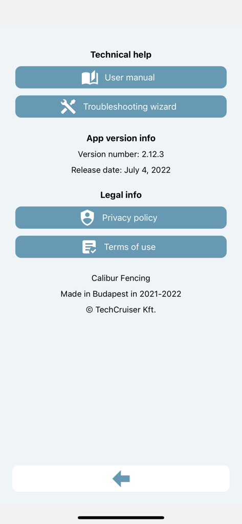Calibur - Technical help and info screen in the Calibur fencing app featuring user manual and troubleshooting links