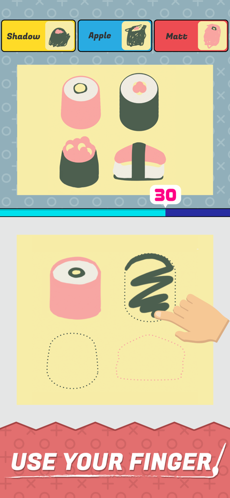 Pantalla de juego de Perfect Paint que muestra a un jugador dibujando sushi para competir contra otros en un desafío cronometrado.