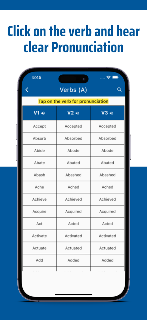 Tela de aplicativo móvel mostrando uma tabela de verbos em inglês começando com A nas formas V1 V2 e V3 com ícones de áudio para pronúncia.