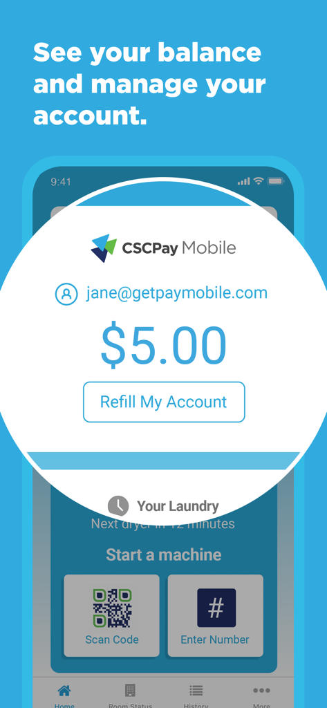 CSCPay Mobile app screen showing account balance and refill button