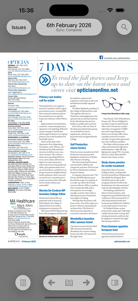 Digitale Leser-Benutzeroberfläche des Optician Magazine, die professionelle Nachrichten und Branchenartikel für Augenärzte anzeigt.