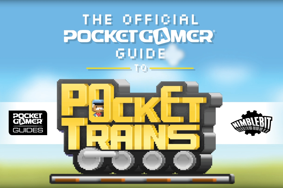 Splash screen for The Official Guide to Pocket Trains featuring pixel art and developer logos