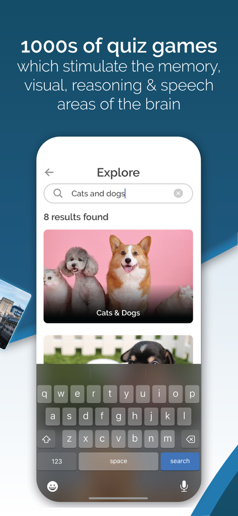 Memory Lane Games - Smartphone screen showing the Explore page of Memory Lane Games with a search for cats and dogs quizzes.
