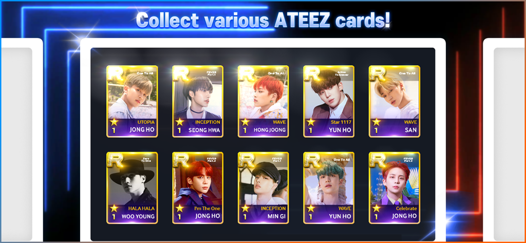 A collection of high ranking R grade digital photo cards of ATEEZ members in the rhythm game interface