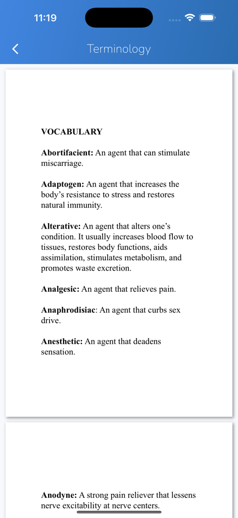 iPlant with Brigitte Mars - Tela de vocabulário e definições de herbalismo no aplicativo iPlant com Brigitte Mars.